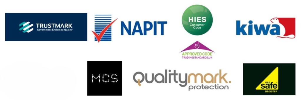 TrustMark, NAPIT, HIES, Kiwa, MCS, Qualitymark Protection and Gas Safe badges displayed by RJM